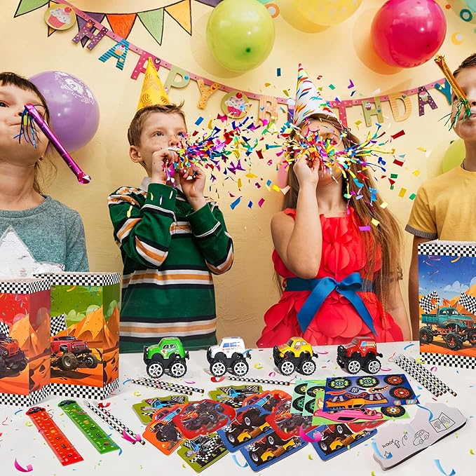 84pcs Truck Party Favors, Car Themed Birthday Party Supplies Including Truck Toys Notebooks Rulers Pencils DIY Stickers Pencil Sharpener, Race Car Themed Party Goodies Classroom Rewards