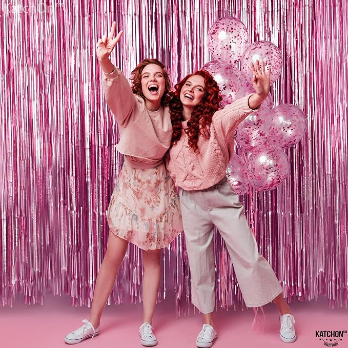 KatchOn, Pink Streamers for Party Decorations - XtraLarge 3.2x8 Feet, Pack of 2, Pink Backdrop Party Decoration Tinsel Curtain Backdrop Foil Fringe Birthday Decorations, Bachelorette, Graduation Decor