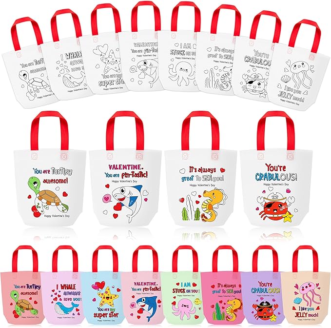 Valentine's Day Coloring Goodie Bag for Kids - 24Pcs Ocean Animal Bulk Color Your Own Gift Bag with Handle Ocean Theme Reusable Coloring Non Woven Tote Bag for Valentine Party DIY Painting Craft Favor