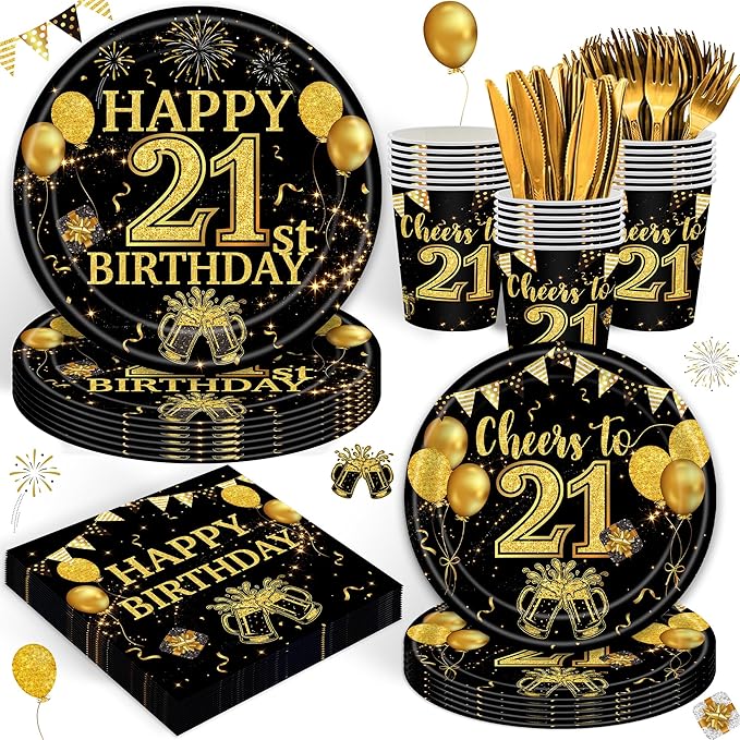 120PCS 21th Birthday Decorations for Boys 21 Years Old Birthday Decorations Sweet 21 Plates Napkins Tablecloth for Boys Girls 21th Birthday Party Supplies
