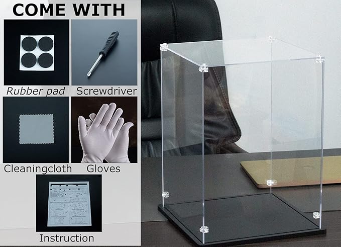 Acrylic Display Case 10x10x14 Inch - 3mm Thick Acrylic Display Box with Black Wooden Base, Assemble Dustproof Showcase Clear Display Case for Collectibles Figures Doll Toys Models Organizing