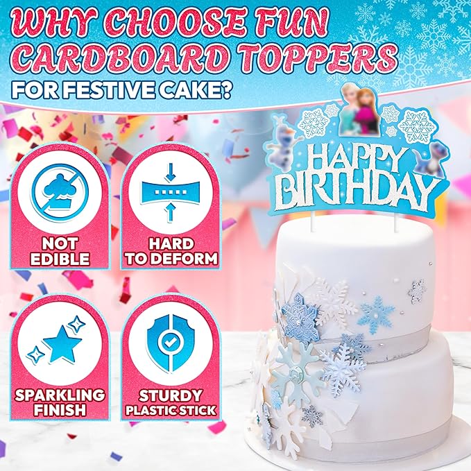 Winter Princess Happy Birthday Cake Topper for Girls -Easy to Install Cake Topper Decorations Made of Thick Paper Card with Glossy Texture - Vivid Adorable Design with Snowflakes & Magical Princesses