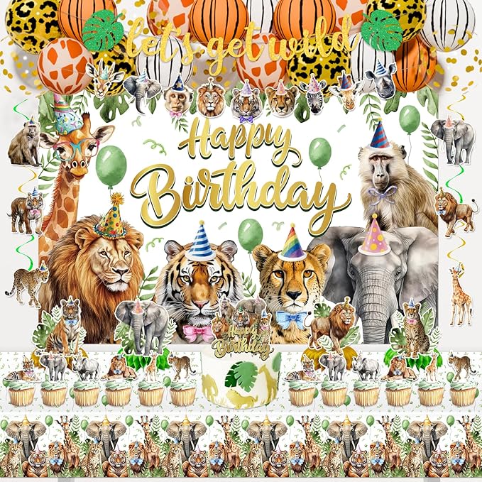 Safari Birthday Party Decorations, Jungle Wild Animals Birthday Party Supplies Decor with Backdrop, Banner, Balloons, Cake Toppers, Tablecloth, Centerpieces, Hanging Swirls