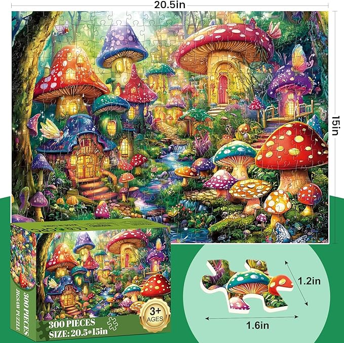 300 Piece Puzzles for Adults, Mystical Mushroom Fantasy Village Jigsaw Puzzle for Children Elderly, Large Piece Fun Fairy Puzzle for Kids Ages 8-10 10-12,Cool Puzzles,Family Game Great Gift 20.5*15in