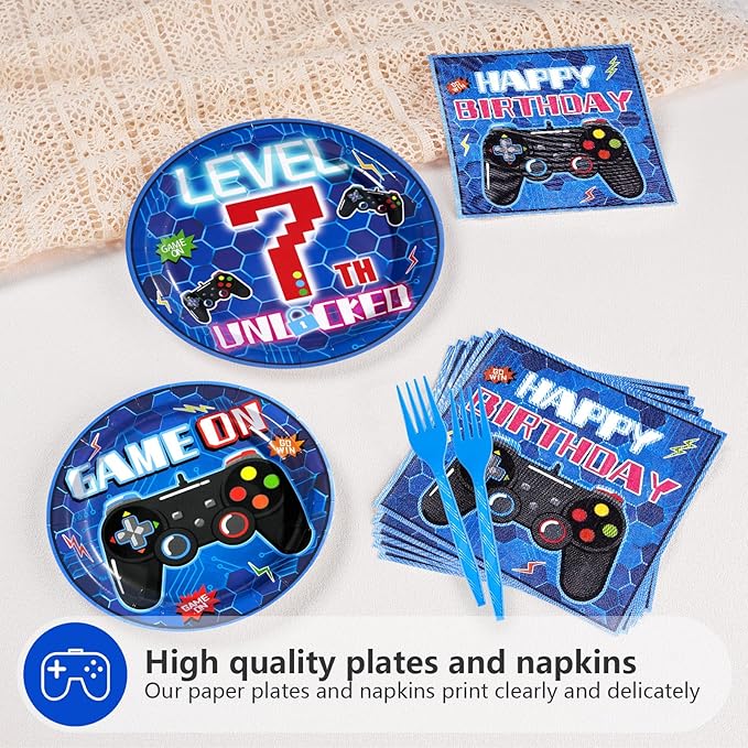 96Pcs 7th Video Game Birthday Party Decorations Blue Video Game Level Birthday Plates and Napkins Tableware Sets for Boys 7 Years Old Gamer Gaming Party Serves 24