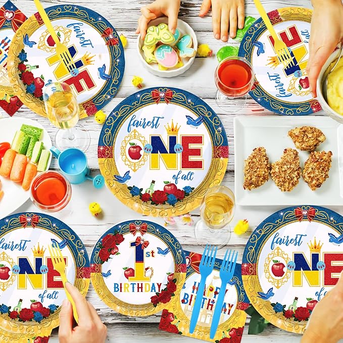96 Pcs Snow Princess 1st Birthday Party Supplies Cartoon Snow Plates and Napkins Red Blue Yellow Tableware Set for Girls First Birthday Baby Shower Princess Theme Party Supplies, Serves 24
