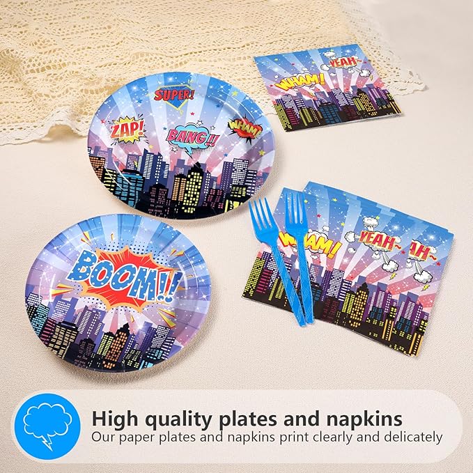 96Pcs Super Theme Hero Party Decorations Blue Hero Cityscape Plates and Napkins Sets Hero's Theme Comic City Party Decorations Favor for Boys Girls Spider Video Game Fun Birthday Supplies Serves 24