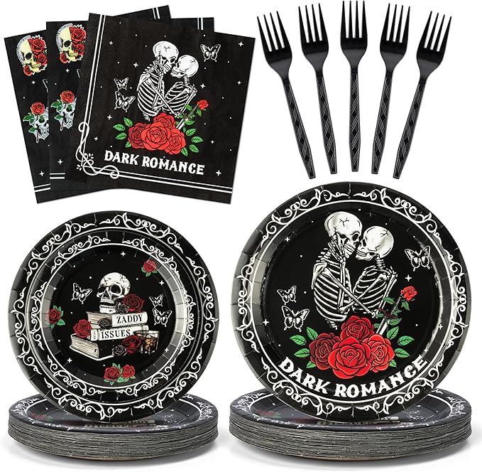 96Pcs Dark Romance Book Lover Skull Rose Black Gothic Party Plates Supplies Tableware Decorations Disposable Paper Plates Napkins Forks for Birthday, Serves 24