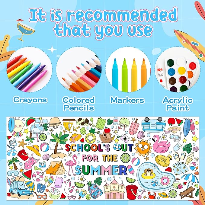 Jumbo End of the School Year Coloring Poster - School’s Out for the Summer DIY Drawing Color-in Paper Blank Art Banner 55.1 x 23.6 Inch Decor, Home Classroom Activity for Kids Party Supplies