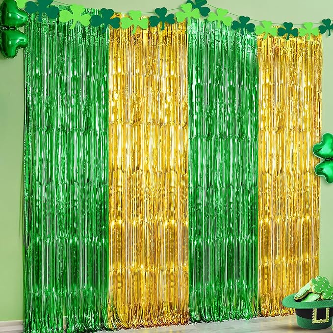KatchOn, Green and Gold Foil Fringe Curtains - 6.5x6.5 Feet | St Patricks Day Backdrop for St Patricks Day Decorations | St Patrick's Backdrop, St. Patrick's Day Decorations