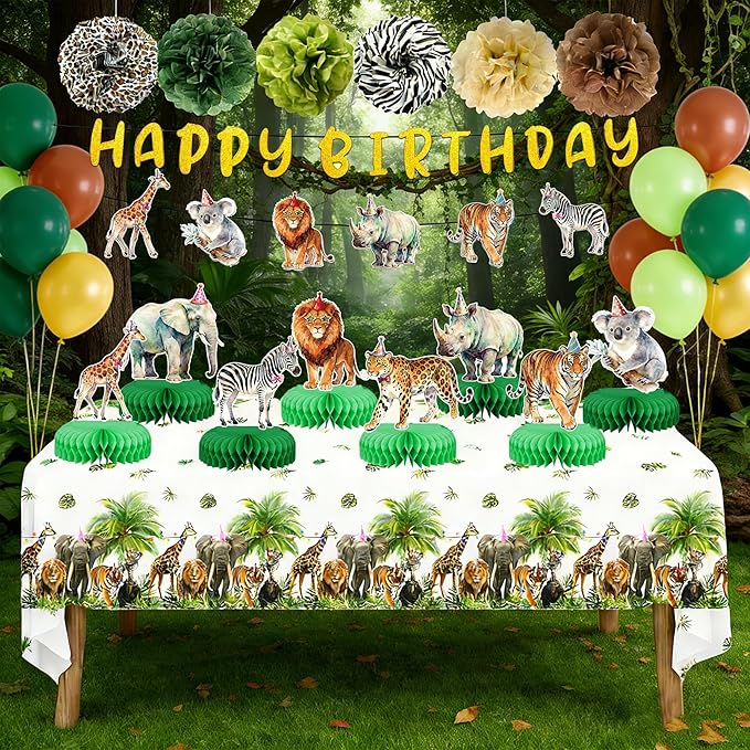 Safari Theme Party Decorations Animal Birthday Banner Jungle Tablecloth Centerpieces Hanging Swirl Decorations Animals Party Decorations for Wild Animals Party Supplies (Safari)