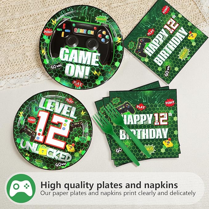 Grencian 96Pcs 12th Green Game Party Supplies Video Birthday Paper Plates and Napkins Tableware Sets Level Unlocked Game Themed Decorations for Kids Gaming Boys 12 Year Old Party Favors Serves 24