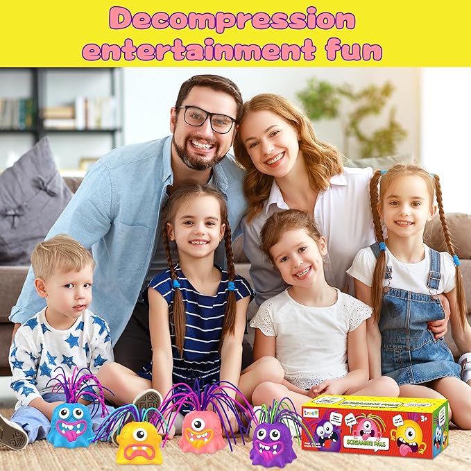 4PCS Fun Hair Pulling Fidget Scream Monster Toys, Venting Novelty Toys, Lots of Different Screams, Halloween Gifts for 3 4 5 6 7+ Kids Teen Boys Girls