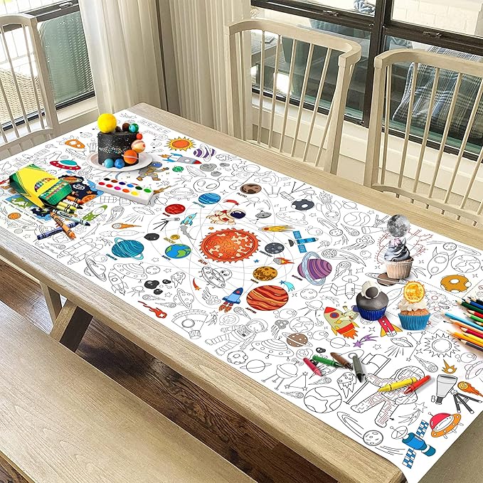 Outer Space Coloring Tablecloth for Kids, Giant 30x72 Inch Poster with Astronauts, Solar System, Perfect for Space Party Games, Galaxy Decorations, Classroom Fun, Celebration Supplies