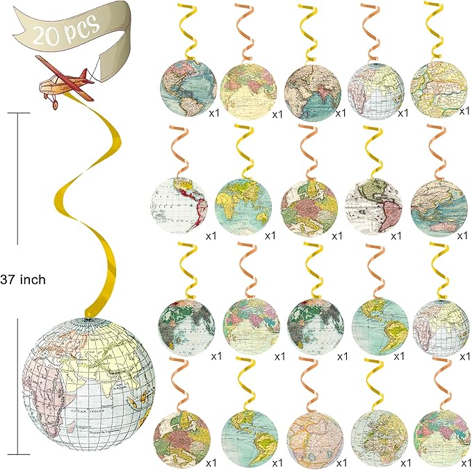 Globe Vintage World Map Hanging Swirls Travel Party Hanging Decorations Earth Globe Theme Ceiling Streamers for Travel Around The World Birthday Party Baby Shower Supplies