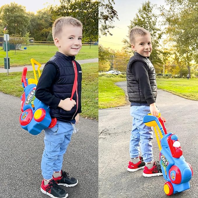 Liberry Toddler Golf Set with Putting Mat for 2 3 4 Years Old Boys Girls, Upgraded Kids Golf Cart with Unique Shoulder Strap Design, Indoor and Outdoor Golf Toys Gifts
