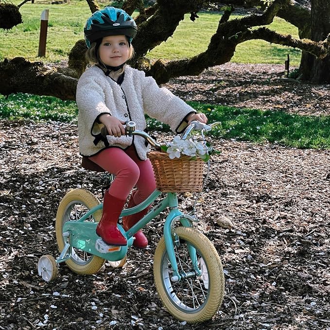 Petimini Vintage Kids Bike for Girls, 12–20 Inch Classic Bicycle with Wicker Basket & Bell, High Tensile Steel Frame, Training Wheels (12–18”), 85% Pre-Assembled, Retro Bike for Outdoor Riding
