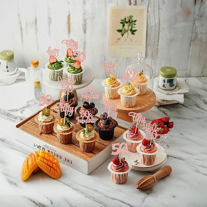 30pcs Happy 50th Birthday Cupcake Toppers - Rose Gold Glitter Fifty Cheers to 50 Years Old Cupcake Picks for Anniversary Party Cake Decorations