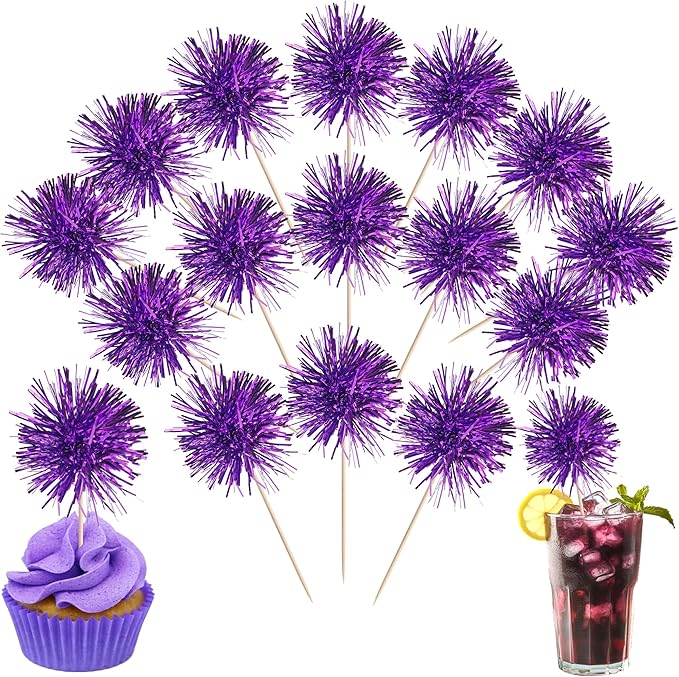 40 PCS Foil Firework Cupcake Toppers Fireworks Cupcake Picks Sparkle Tinsel Cake Decorations Cocktail Fruit Toothpick for Firework Theme Birthday Wedding Graduation Party Decorations Supplies Purple