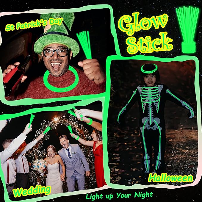 ILHSTY 100 pk 8'' Green Glow Sticks Glow Necklaces In The Dark Party Favors Supplies Bright GlowSticks Bulk for Birthday Easter Valentine Mardi Gras Christmas St. Patrick Halloween Party (Green*100)