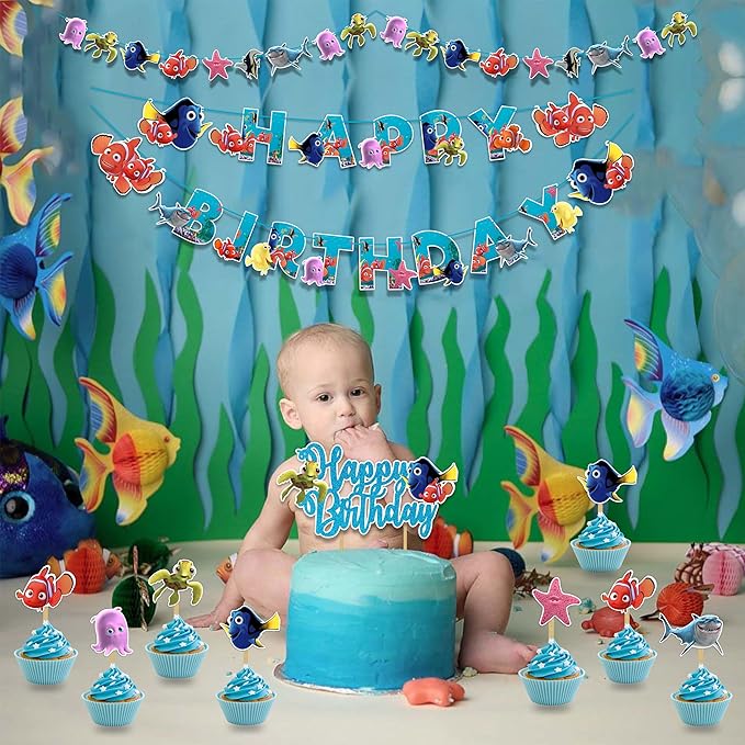 "Findng Nmo Theme Birthday Party Supplies – Under the Sea Decorations for Boys Girls – Includes Birthday Banner, Cake Topper, Cupcake Toppers, Garland & Ocean Party Décor Set"