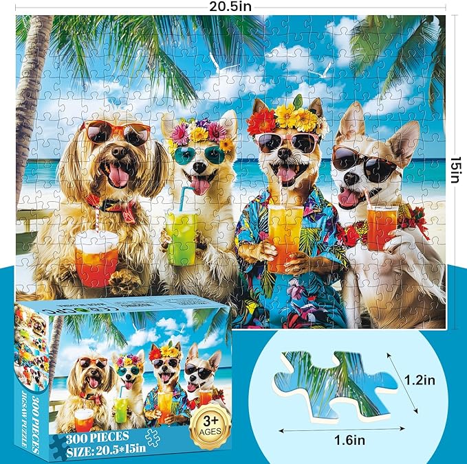300 Piece Puzzles for Adults,Cute Beach Dog Jigsaw Puzzle for Adults Children Seniors,Large Piece Animal Puzzle for Kids Ages 8-10 10-12,Challenging Funny Corgi Puzzle,Family Game Great Gift 20.5*15in