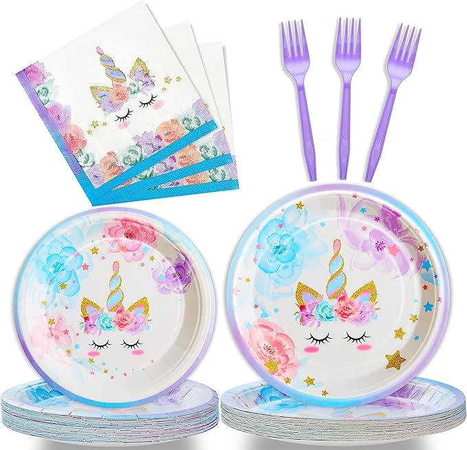 96 Pcs Birthday Party Supplies Rainbow Horned Horse Plates Napkins Forks Tableware Set Disposable Decorations for Girl Birthday Party, Serves 24 Guests