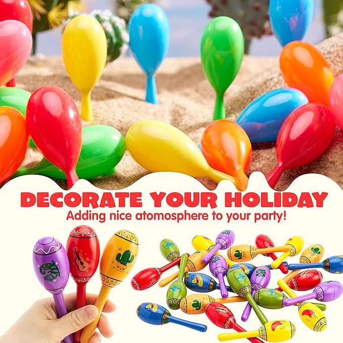 JOYIN 24 Mini Wooden Fiesta Maracas 6 Designs Noisemaker for Mexican Fiesta, Cinco De Mayo Party Favors, Musical Fun, Birthday Parties, Luau Party, Carnivals, Taco Tuesday Event