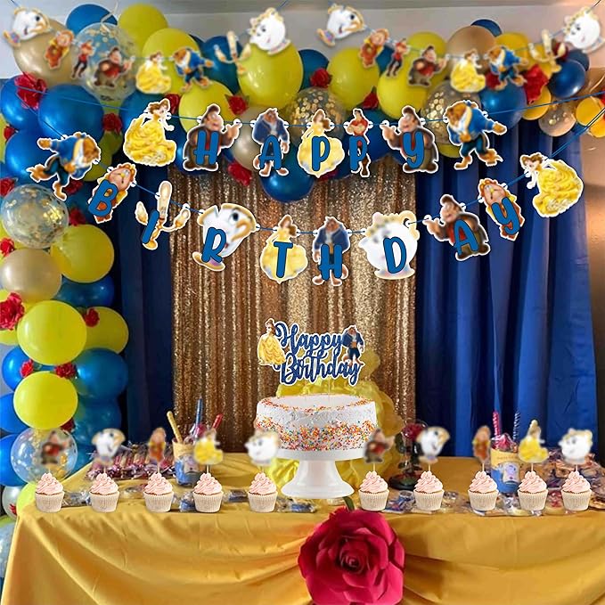"Bauty & The Bast Theme Birthday Party Supplies – Princess Fairy Tale Party Decorations – Includes Happy Birthday Banner, Cake Topper, Cupcake Toppers, Garland & Table Décor for Celebrations"