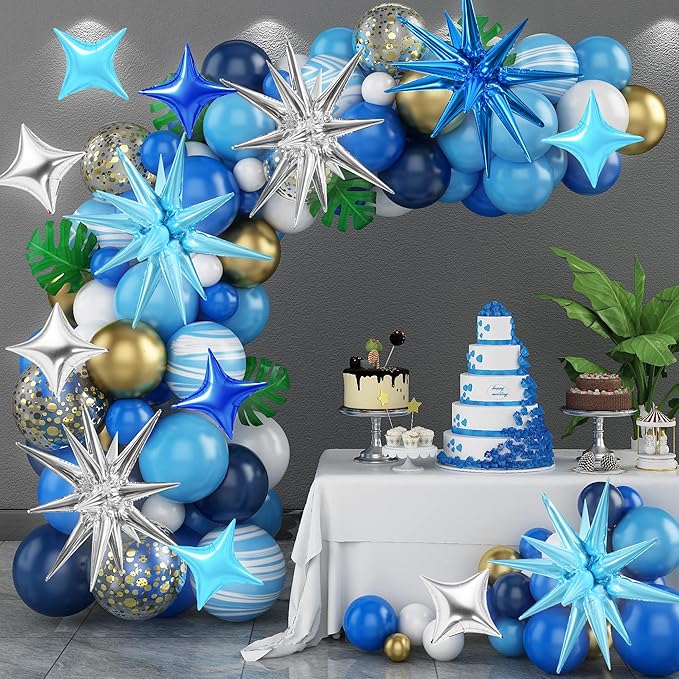 TONIFUL 18Pcs 22Inch Blue Silver Large Explosion Star Mylar Balloons and 10Inch Four Pointed Star Balloons Set for Christmas New Year Birthday Wedding Bridal Shower Anniversary Photo Booth Supplies