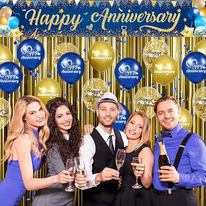 Happy Anniversary Banner Decorations Navy Blue Gold Happy Anniversary Yard Banner Sign with 18pcs Happy Anniversary Balloons Confetti Set for Men Women Wedding Party Supplies Decor