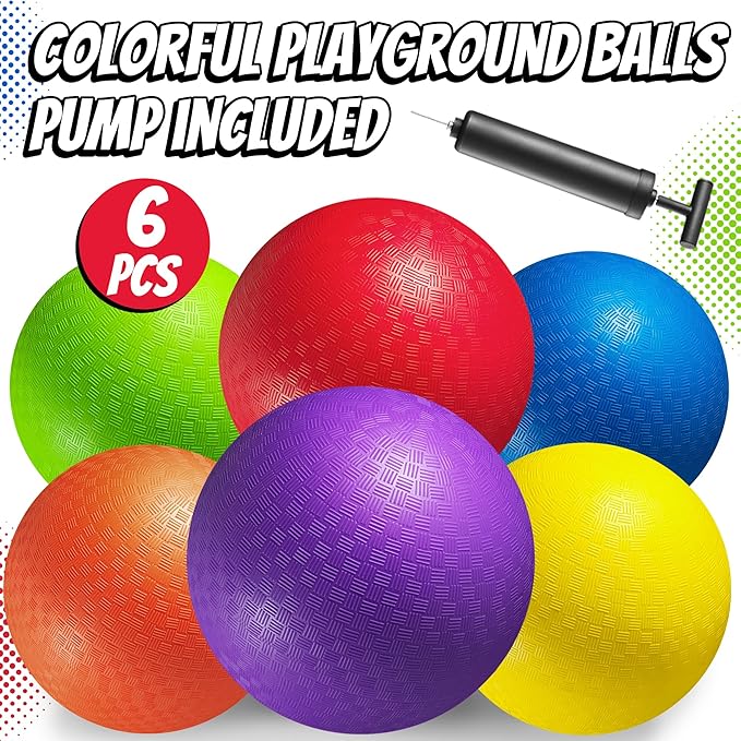 8.5 Inch Playground Balls Dodgeballs for Kids & Adults - (Pack of 6) Inflatable Rubber Indoor Outdoor Bouncy, Kickballs, Four Square and Handballs for School, Gym, Recess and More with Ball Pump