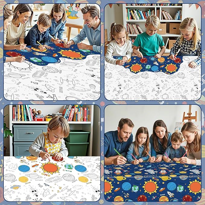 Large Outer Space Coloring Tablecloth - Giant Solar System Theme Colorable Paper Poster, Galaxy Activity Games Table cloth for Space Birthday Party Decorations Supplies Favors Crafts Gifts, 54x108 In