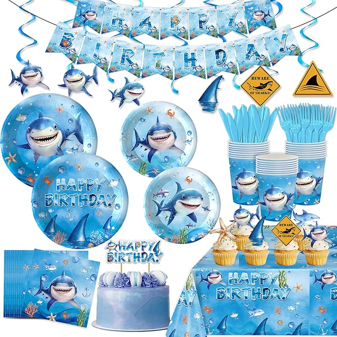 136PCS Shark Party Supplies for Boy Under The Sea Paper Plates and Napkins Banner Spiral Cake Toppers Hanging Swirls Birthday Table Decorations for 20 Guests