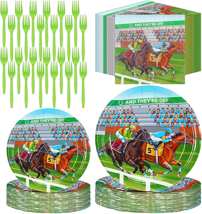Roshtia 192 Pcs Derby Party Supplies for Horse Racing Party Decorations Derby Day Party Tableware Set Horse Theme Birthday Party Paper Plates Napkins Fork for 48 Guests (Classic)
