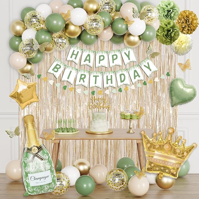 Ouddy Life Sage Green Birthday Decorations Green White Gold Confetti Balloon Fringe Curtain Happy Birthday Banner Cake Topper for Women Girls Boys Neutral Boho Safari Wild Party Supplies