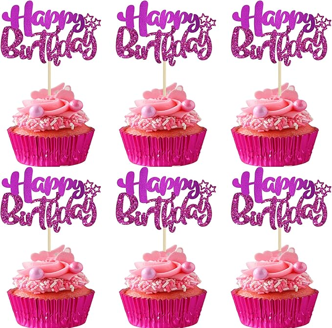 Ephlyn 24Pcs Happy Birthday Cupcake Toppers Double Layer Glitter Happy Birthday Cake Decorations for Celebrating Baby Shower Theme Kids Boys Girls Anniversary Party Decorations Supplies Purple