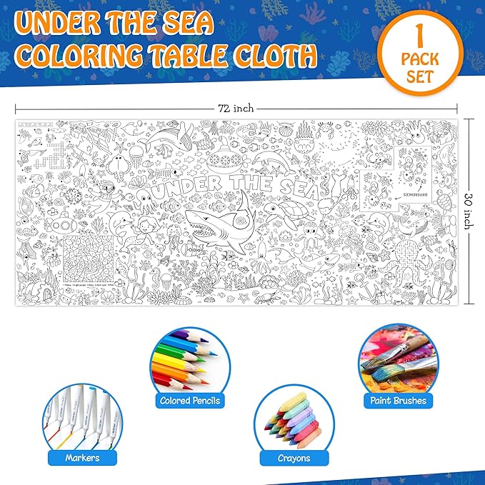Under The Sea Coloring Tablecloth for Kids, Giant 30x72 Inch Poster with Shark, Turtle, Ocean Creatures, Perfect for Undersea Party Games, Aquatic Decorations, Classroom Fun, Event Supplies