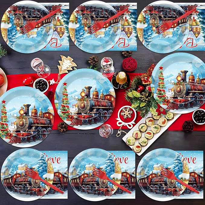 gisgfim 96 Pcs Christmas Train Plates and Napkins Party Supplies Christmas Believe Dinnerware Tableware Set Disposable Xmas Paper Plates Party Decorations Favors for Winter Holiday Serves 24