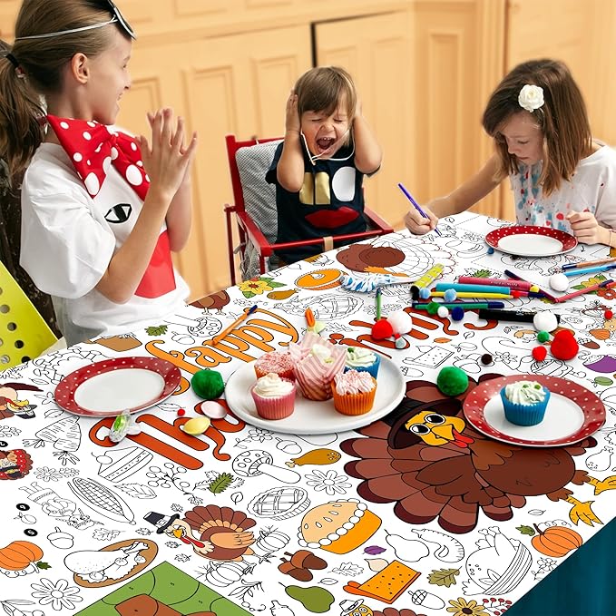 Thanksgiving Coloring Tablecloth for Kids, Giant 30x72 Inch Poster with Turkeys, Pumpkins, Harvest Symbols, Perfect for Party Games, Classroom Activities, Arts Crafts, Indoor Holiday Decor