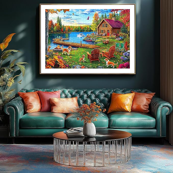 Autumn Lake House 1000 Piece Jigsaw Puzzle for Adults - Rustic Log Cabin, Dock & Fall Foliage Scenery with Dogs - Fun Landscape Challenging Gift for Game Night 27x20 Inches