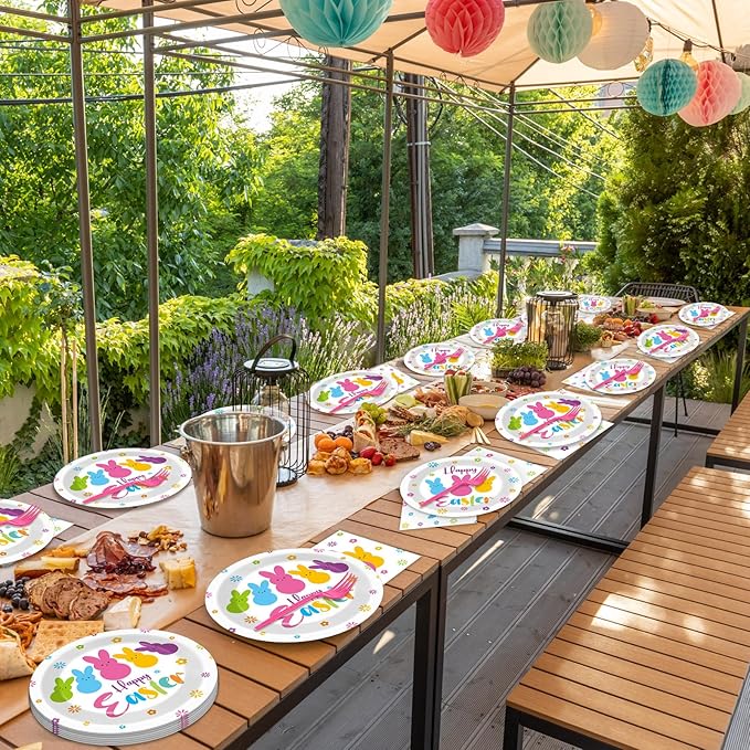 gisgfim 96Pcs Easter Bunny Peeps Party Plates and Napkin Party Supplies Easter Rabbit Party Tableware Set Happy Easter Party Decorations Favors for Spring Party Dinner Holiday Decoration Serve 24
