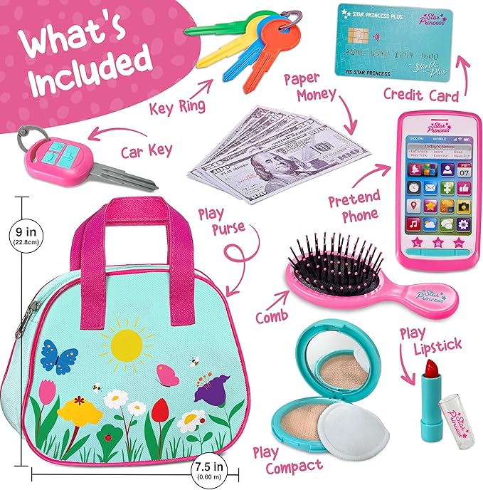 Toddler Play Purse for Kids with Accessories, Toys for Girls with Pretend Makeup, Keys, Smartphone, Dress Up Toy Purse for Toddlers and Kids - Birthday Gift for Little Toddler Girls Ages 3 4 5 6, Blue