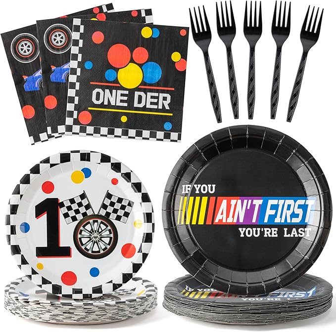 Racing Car First Birthday Party Supplies - 96pcs Paper Plates Napkins Forks Kids 1st Birthday Party Table Decorations Racing Car First Themed Disposable Cake Tableware Set for 24 Guests