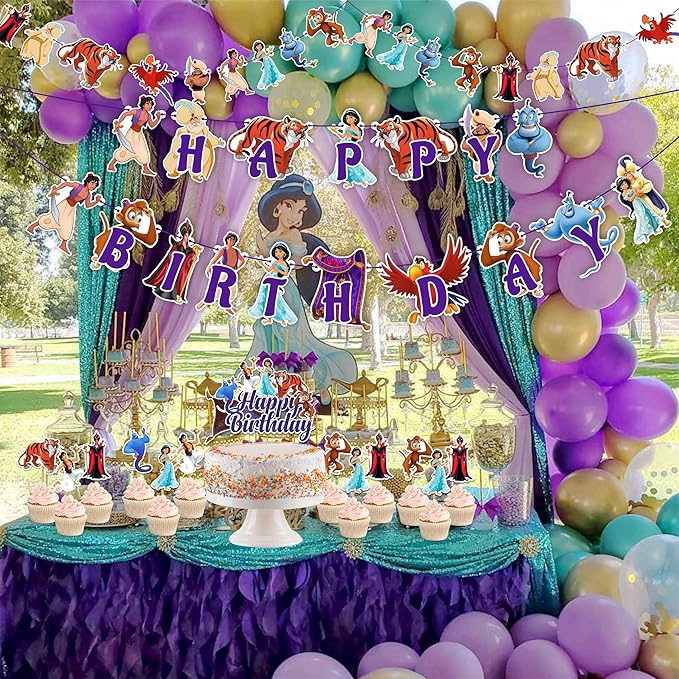 Aladn Theme Party Decorations - Arabian Princess Birthday Decor, Magic Lamp Genie Inspired Party Supplies, Desert Palace Theme Birthday Banner, Cake Topper & Dessert Table Decorations