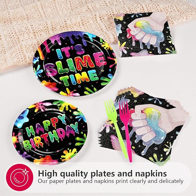 96Pcs Slime Birthday Party Supplies It's Slime Time Plates and Napkins Colorful Splash Splatter Theme Disposable Paper Tableware Set for Kids Boys Girls Birthday Party Decoration Serves 24