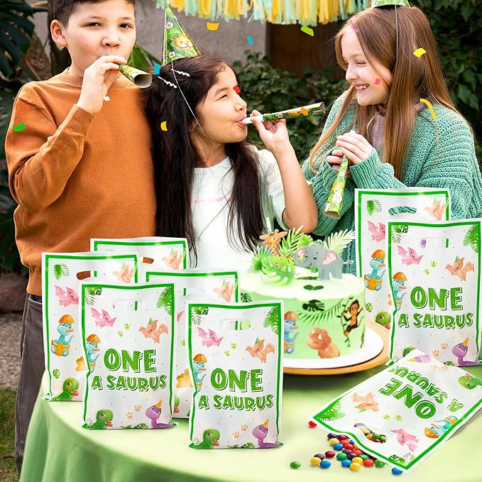 Dinosaur 1st Birthday Party Favor Bags - 50Pcs One A Saurus Green Goody Candy Treat Bags, Cute Dinosaur Theme Plastic One Birthday Party Favor Supplies Decorations for Kids Boys Girls Baby Shower