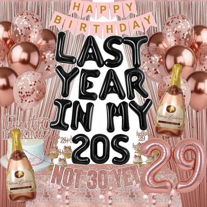 Last Year In my 20S Birthday Decorations for Women include Last Year In My 20s Balloon Banner Not 30 Yet Glitter Banner Cake Topper Cupcake Toppers for 29th Birthday Decor Party Supplies (rose gold)