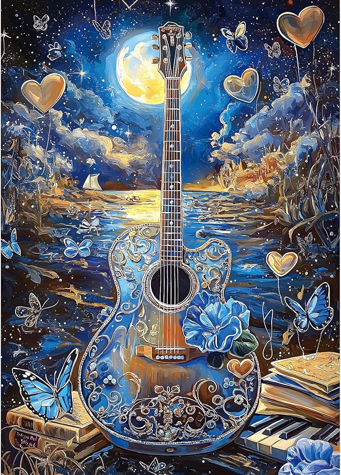 1000 Piece Jigsaw Puzzles for Adults- Fantasy Guitar Moonlight Puzzle - Blue Night Sky with Butterflies Challenging Puzzles for Gifts Party Games Family Fun, Puzzle Size 27.55 * 19.68 in