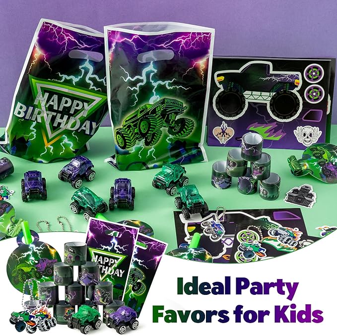 Haooryx Green Purple Monster Truck Party Favor - 122Pcs Monster Truck Slap Bracelets Sticker Blowouts Noisemaker Mini Vehicles Car Toy Keychain waith Gift Bag for Kids Birthday Party Goodie Bag Supply